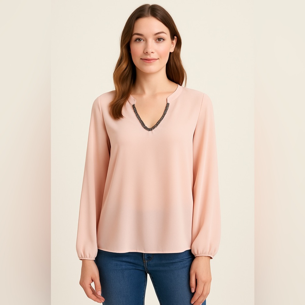 Juicy Couture Pink Embellished‎ Blouse Women’s Medium – Sheer Long Sleeve Top